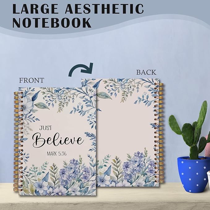 Floral Christian Spiral Notebooks, Just Believe Mark 5:36 Bible Journal, Scripture Journals for Writing, Christian Gifts for Women, Religious Notebook for Note Taking, 5.5x8.3 Inch