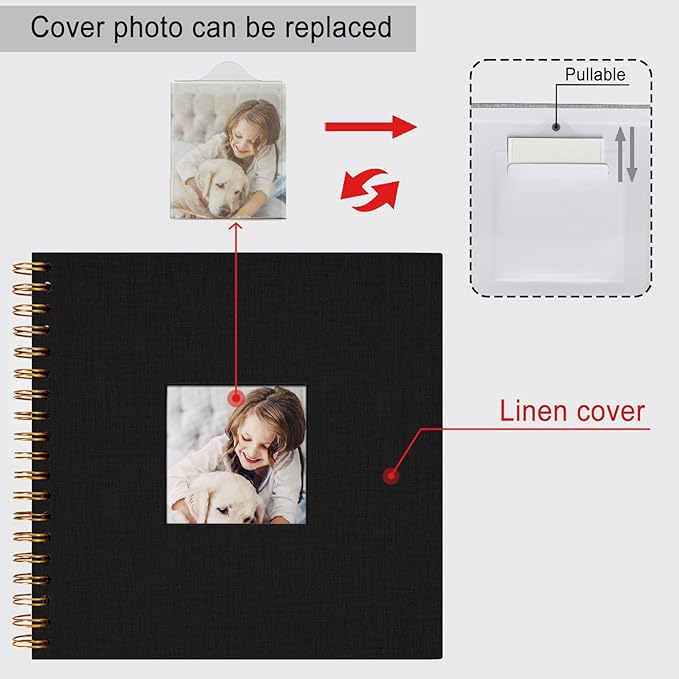 8 x 8 Inch Scrapbook Photo Album, DIY Memory Book Linen Cover for Photos, Hardcover Kraft White Pages Scrap Book Photo Albums for Travel, Wedding Anniversary Family Christmas Baby 40 Pages, Black