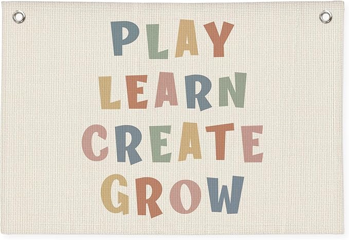 Playroom Wall Decor, Play Learn Create Grow Boho Canvas Banner Wall Hanging Flag Decor for Nursery Classroom Kids Room