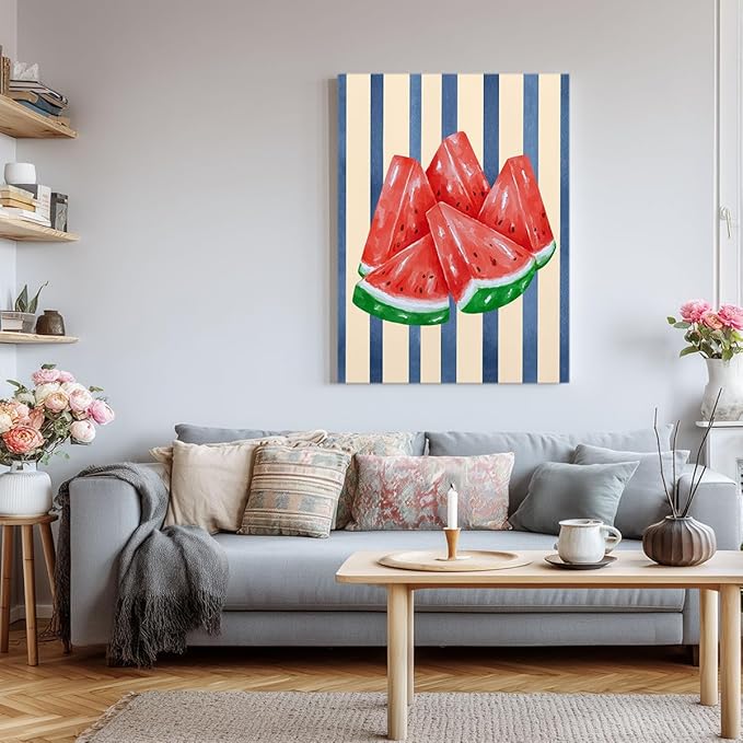 Watermelon Watercolor Wall Art – Fresh Summer Fruit Canvas Print – Blue Stripe Kitchen Decor – Watermelon Slice Illustration Poster 24x32inch-Unframed