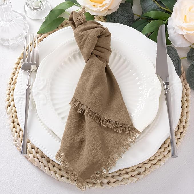 12 Pack Nude Cotton Linen Napkins with Fringe Spring Cloth Napkins Set of 12 Boho Handmade Dinner Napkins Bulk for Wedding Bridal Baby Shower Valentine's Day, 17 x 17 Inches