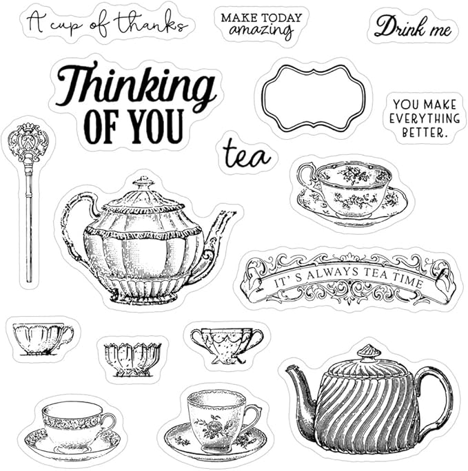 Teapot Coffee Cup Stamps and Cutting Dies for Card Making DIY Transparent Silicone Clear Stamp and Metal Die Cuts Sets for Scrapbooking Paper Greeting Cards Decor Seals Craft Supplies