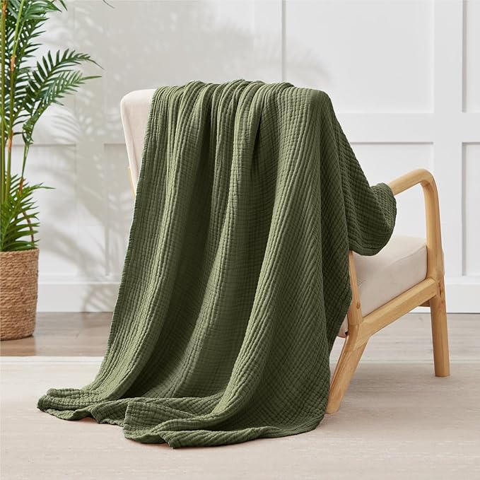 100% Cotton Muslin Blanket King 108" x 90", Breathable and Lightweight Cotton Throw Blanket for Bed, Soft Cooling Summer Gauze Blanket for Adults All Season, Olive Green