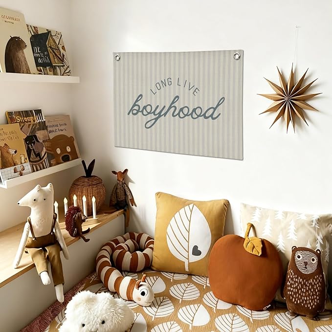 Long Live Boyhood Banner Wall Hanging, Boys Room Decor Wall Art,Preppy Blue Striped Wall Decor Hanging Print for Kids Boys Toddler Nursery Bedroom Playroom 30X20 Inch