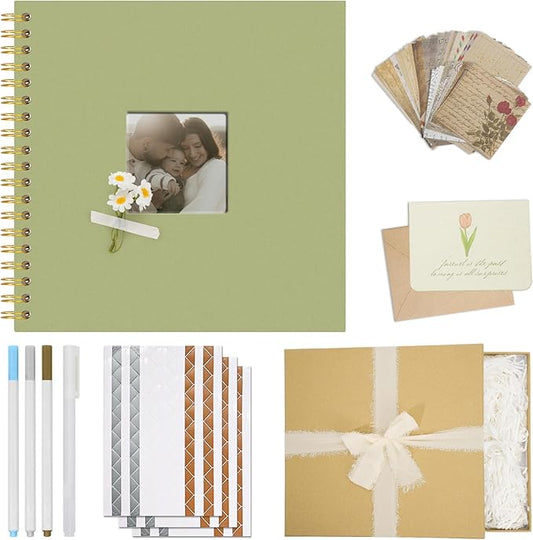 Vienrose 10 x 10 Inch Scrapbook Album Gift Set, Linen Hardcover Photo Book with 40 White Pages, DIY Memory Book Kit with Accessories for Wedding, Baby Shower, Travel, Christmas (LightGreen, 20 Sheets)