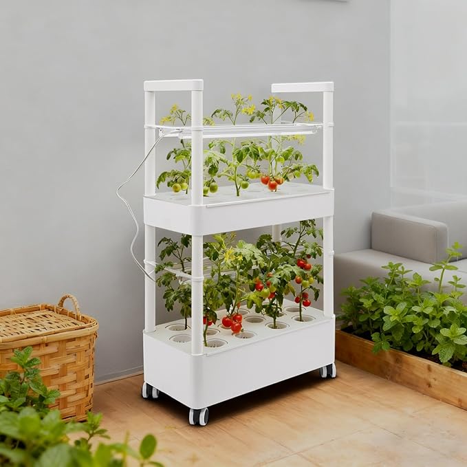 Hydroponics Growing System,28-Hole Indoor Herb Garden Kit with 4 LED Grow Light, 2-Tier Indoor Plant System,Auto Water Circulation & 7.39Gal Water Tanks (No Seed,White, 2Layer-28Pods)