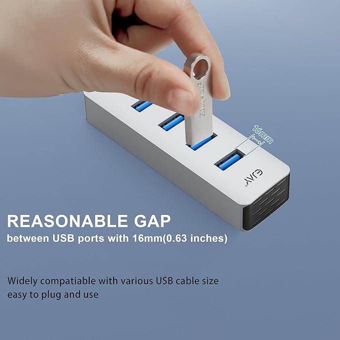4Ports USB3.0 HUB,Extra Power Supply Port,3.3FT(1M) Long Data Cable and 3.3FT(1M) Long Power Cable,Aluminum 5Gbps High Speed USB Splitter,Multi Port Extender Hub for PC, Laptop, Mac,etc (HA-4U)