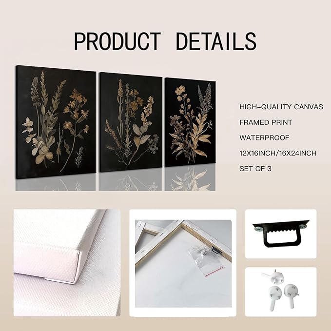 TUEASKY 3 Piece Moody Botanical Canvas Wall Art Vintage Floral Wall Art Boho Dark Flower Decor Black Wildflower Art Prints for Living Room Bedroom16x24in Framed