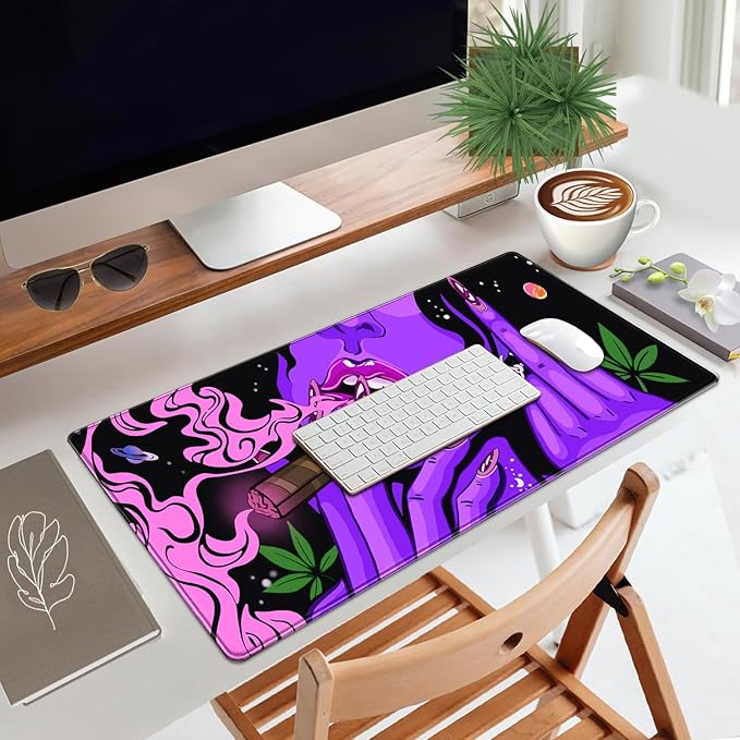 Anime Neon Mouse Pad Cool Girl-31.5x15.7in-Funny Hippie Hippy Desk Mat Trippy Purple Pink Black Art -Gaming Desktop-Desk Protector-for Women Home Office Working