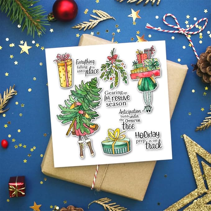 Box Christmas Tree Stamps and Cutting Dies for Card Making DIY Transparent Silicone Clear Stamp and Metal Die Cuts Sets for Scrapbooking Paper Greeting Cards Decor Seals Craft Supplies