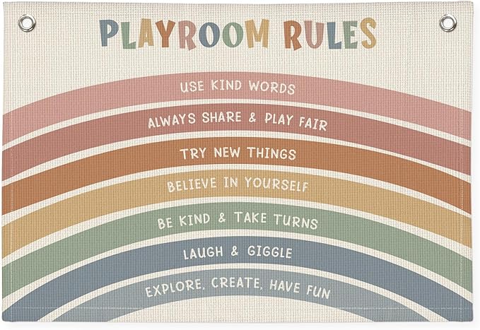 Playroom Rules Banner, Boho Rainbow Linen Canvas Banner Wall Hanging Flag Decor for Nursery Classroom Kids Room 30x20 Inch