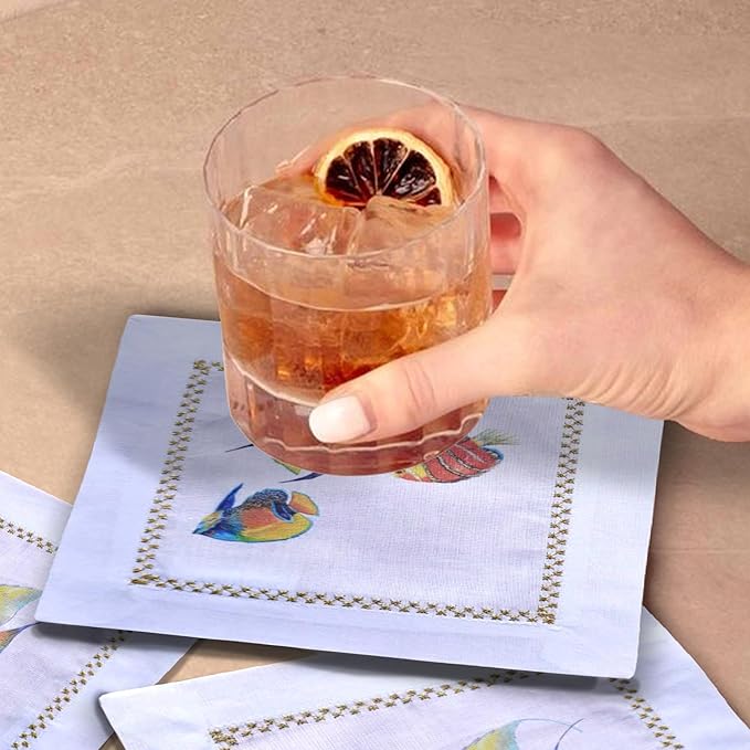 Cocktail Napkins Set of 6, 6x6 inch, 100% Pure Cotton, Printed Animal Pattern, Reusable & Washable Cloth Coasters for Beverages, Hosting, Gifting & Everyday Use (Blue Fish)