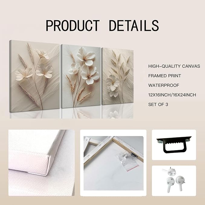 TUEASKY 3 Piece Canvas Wall Art Beige Wall Decor Floral Pictures Flower Art Prints Neutral Botanical Paintings Minimalist Artwork For Bedroom Living Room Office