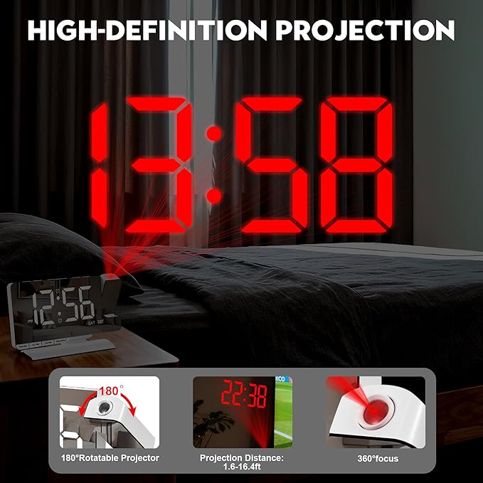 SZELAM Digital Clock,Alarm Clock Bedside with Projection,7.3" Mirror Clock with 180°Rotating Projector,Dual Alarm with 3 Mode,Brightnee Adjust,DST,Snooze,Charging Port,5 Levels Volume for Desk Teens