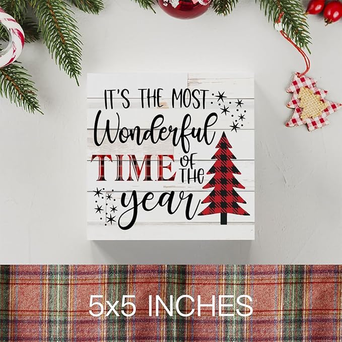 It's The Most Wonderful Time of The Year Wood Box Sign, Retro Farmhouse Christmas Santa Artwork Decor 5 x 5 Inches