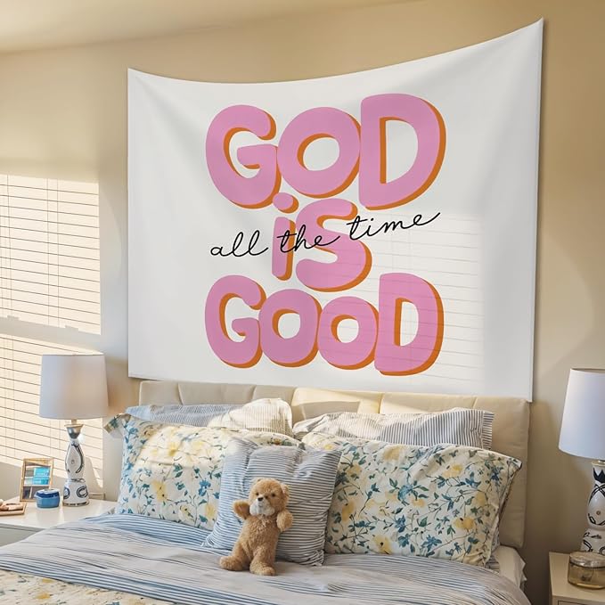 STHTTSW God Is Good All the Time Tapestry, Pink Christian Tapestries Wall Blanket, Retro Bible Wall Hanging Decor for Teen Girl Women Bedroom Home Church Prayer Room, 50x60 Inch