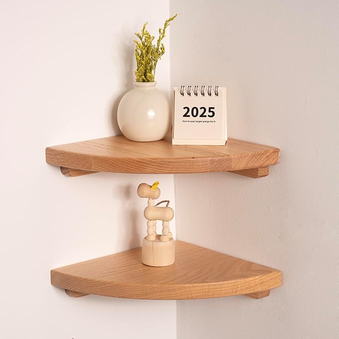 Floating Corner Shelves Oak 8", Solid Oak Wall Mounted Wooden Display Storage Rack with Wire Hole for Plants, Photos, Speakers, Bedroom, Kitchen, Living Room Décor - 2-Pack