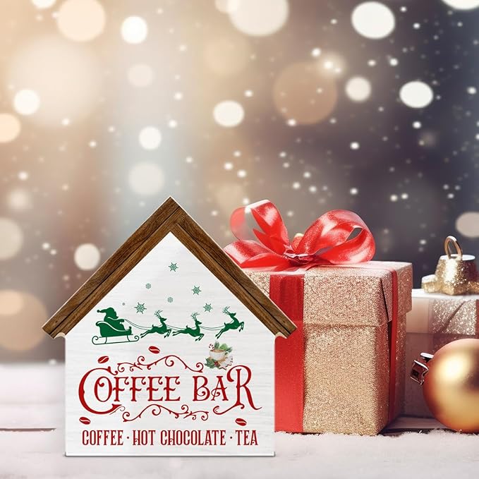 Vintage Christmas Coffee Bar Decor, Kitchen Christmas Decorations, Rustic House Shaped Wooden Sign, Xmas Decor for Farmhouse Home Kitchen