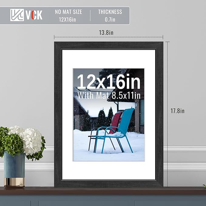 VCK 12x16 Picture Frames Black Set of 5, Wide Border Wood, Tempered Glass, Display 8.5x11 Photo with Mat or 12 x 16 without, for Home, Office, Gallery, Woodgrain Series, Wall Hanging