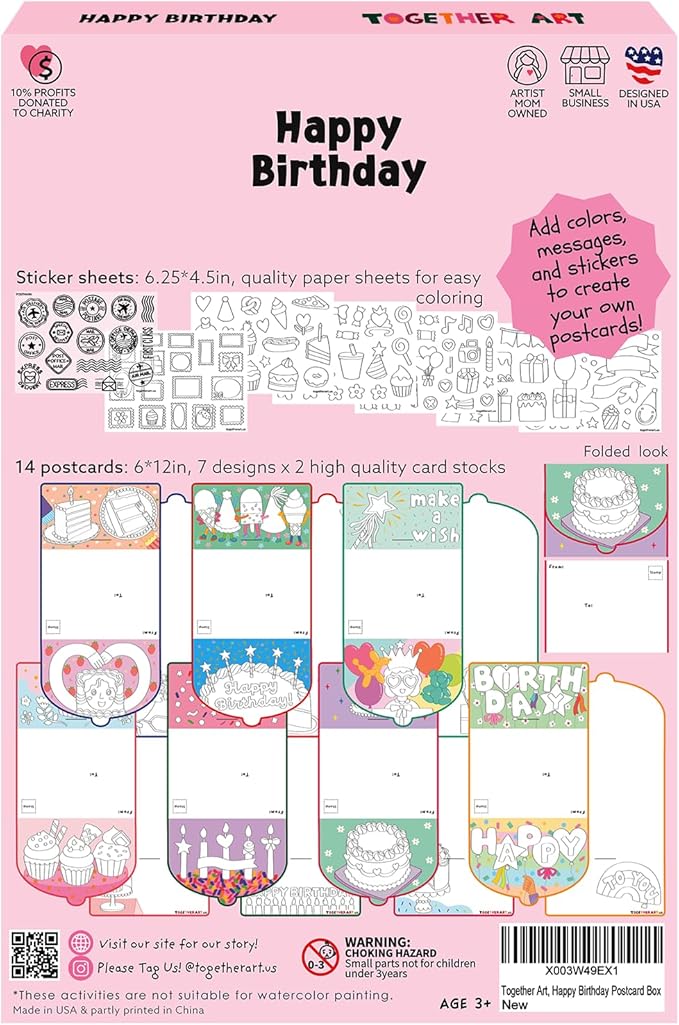 Together Art Happy Birthday Card Art Kit – DIY Sticker Coloring Craft Kit for Kids | DIY Color Your Own Stickers & Create Your Message | Birthday Card Coloring Sheets & Art Activity Gift