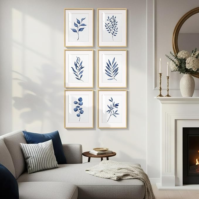 Framed Minimalist Botanical Wall Art, Set of 6 Blue Floral Leaf Painting Prints Artwork for Walls, Navy Blue Flowers Watercolor Plant Pictures for Bedroom Dining Room Hallway Office Home Decor, 11x14