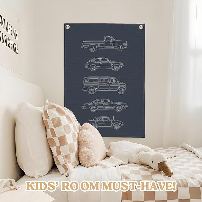 Boy Room Decor,Cars Room Decor for Boys,Vintage Car Decor Linen Canvas Banner,Navy Blue Wall Hanging Pennant Flag for Boys Kids Bedroom Dorm Nursery 18x25 Inch