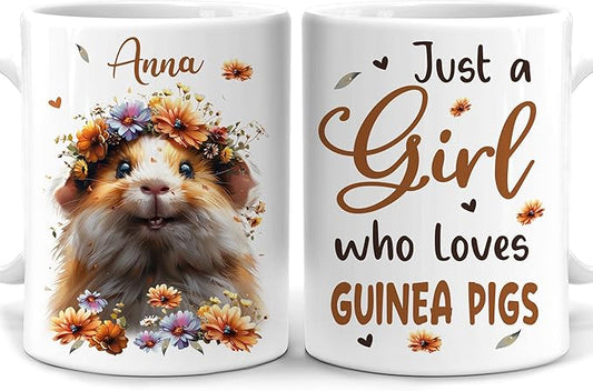 Hyturtle Personalized Cute Guinea Pig Coffee Mug - Custom Name Mug, Just A Girl Who Loves Pigs - Animal Lover's Gift, 11oz - 15oz