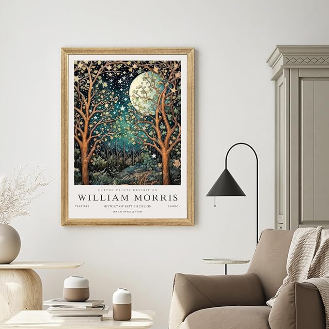 Hianan William Morris Canvas Wall Art, Vintage Gold Moon Stars Poster Prints, Many Dreamlike Stars Wall Decor, Retro Botanical Aesthetic Picture for Bedroom Living Room Office Wood Framed 16"x24"x3