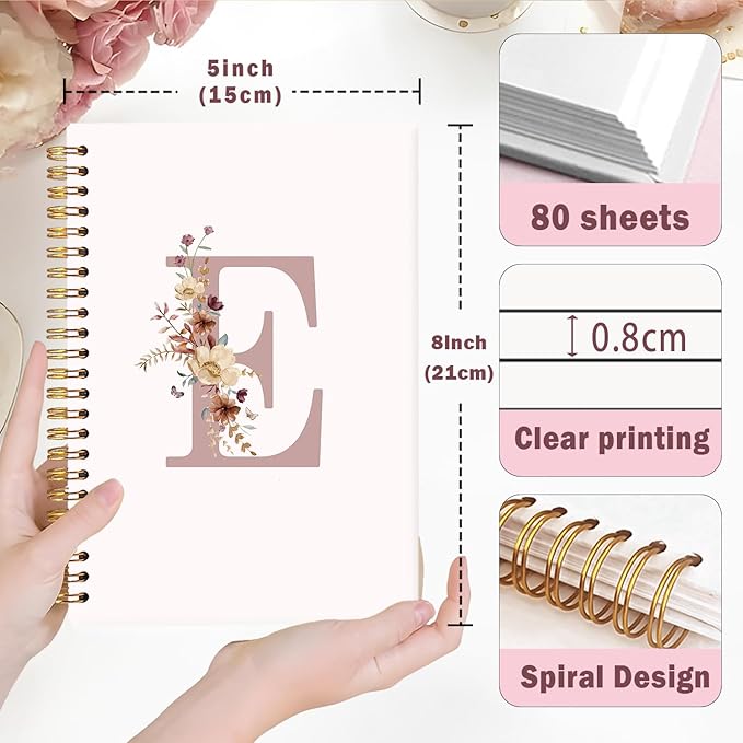 Lacama Pink Initial Letter E Notebook Journal, Aesthetic Wildflower Personalized Spiral Notebook, Customized Monogrammed Gifts, Birthday Gifts for Women, School Supplies, Office Supplies 5.5x8.3