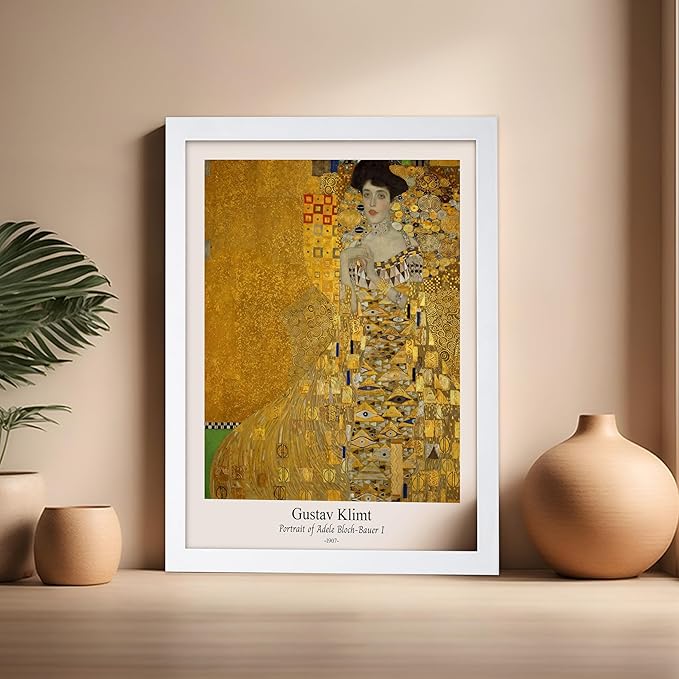 Poster Master Vintage Gustav Klimt Poster - Retro Portrait of Adele Bloch-Bauer Print - Art Nouveau - Lady in Gold Art - Gold Leaf Art - Classic Painting - Living Room Decor - 16x20 White Framed