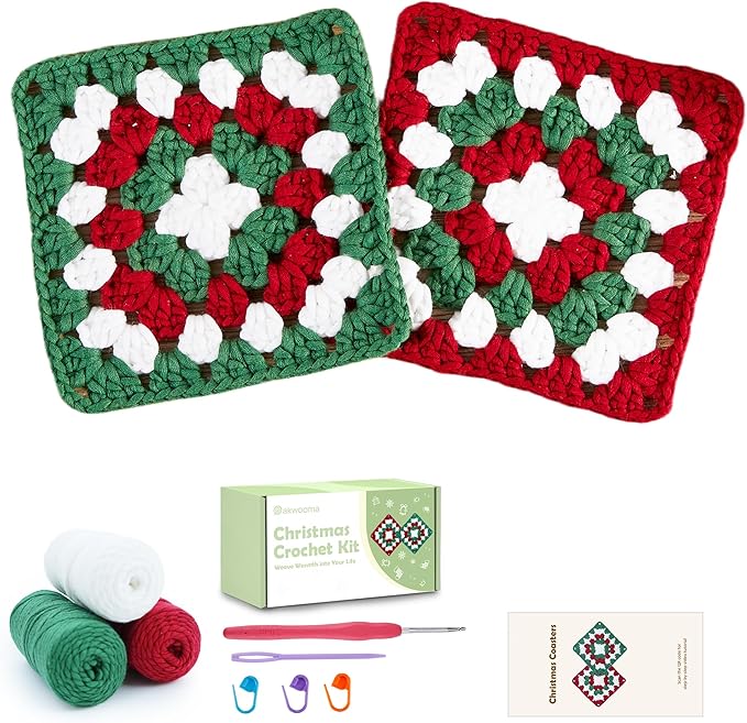 OAKWOOMA Crochet Kit for Beginners, Easy Arts and Crafts Knitting & Crochet Coaster Kit with Step-by-Step Video Tutorials, Crochet Starter Kits for Adults, Teens, Kids (Christmas Granny Square)