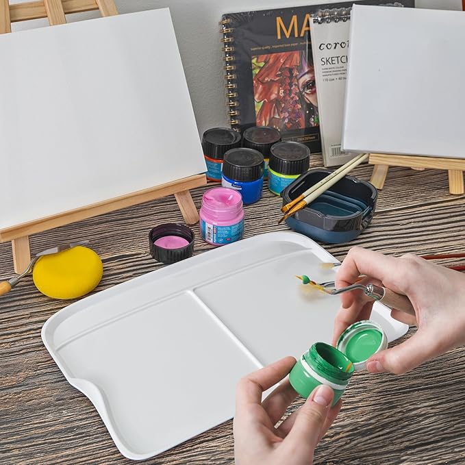 DUGATO Large Rectangular Paint Palettes (2 Pack, 13.8x9 inches) - 3 XL Well Plastic Mixing Trays for Acrylic, Oil, Watercolor & Gouache