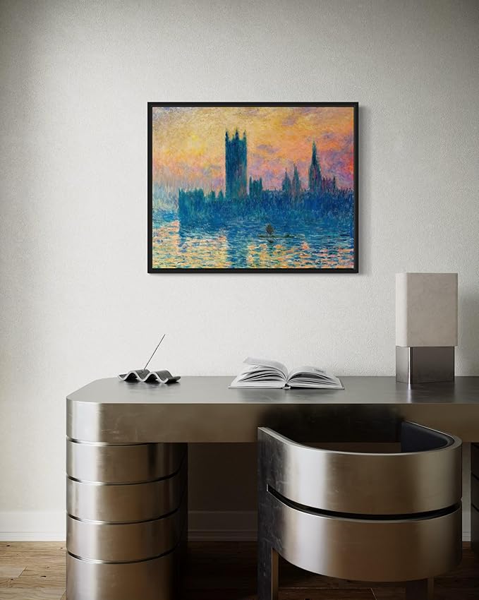 The Houses of Parliament Claude Monet Wall Art Print Poster, Impressionist Painting Wall Art Wall Decor, for Bedroom and Living room Bathroom Decor 115 (The Houses of Parliament, 16 x 20 inches, Black Frame)