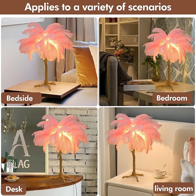 Pink Feather Lamp Romantic Ostrich Feather Bedside Lamp with Gold Resin Stand Coconut Fuzzy Table Lamp G4*3 Bulb Nordic Nightstand Light for Bedroom Living Room Entryway Christmas Gift