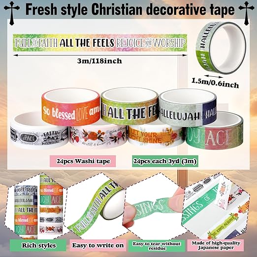 Janlaugh 24 Rolls Christian Washi Tape Gifts Bulk Religious Inspirational Scripture Supplies Bible Verse Tape for Bible Study Journaling Crafting Christmas Stocking Stuffers Gift (Vintage)
