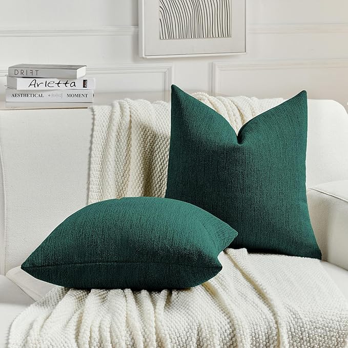 FUTEI Teal Chenille Decorative Throw Pillow Covers 22x22 Inch Set of 2,Soft Cozy Faux Linen Textured Cushion Case,Farmhouse Home Decor for Couch Living Room