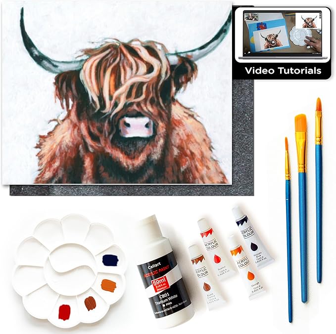 Painting4Real DIY Painting Class Kit for Adults with Video Tutorials: Learn to Paint Highland Cow – How to Paint with Acrylics – Painting & Art Supplies – 9 Piece Acrylic Paint Set