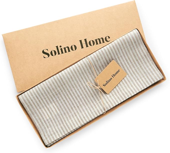 Solino Home Linen Striped Table Runner 36 Inches - Narrow Stripe, 100% Pure Linen Natural and White Small Table Runner 14 x 36 Inch Ideal for Dresser and Coffee Tables - Winter, Spring, Easter