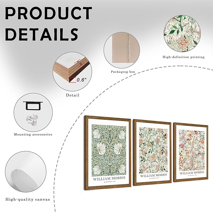InspiredHues 3 Piece Framed Vintage Canvas Wall Art Botanical Floral Pattern Pictures Canvas Wall Decor Eternal William Morris Classic Artwork Prints for Living Room Bedroom Office 12x16 inch