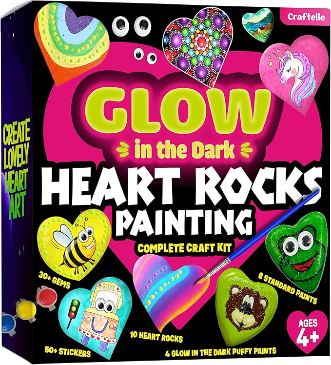 Hearts Rock Painting Kit for Kids Girls - Glow in Dark Art Supplies Ages 4-12 - Complete STEM Craft Set with Puffy Paint Stickers Gems Paints - Educational Birthday Christmas Gifts Art Toys for Girl