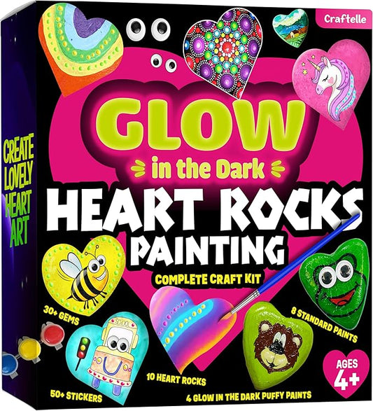 Hearts Rock Painting Kit for Kids Girls - Glow in Dark Art Supplies Ages 4-12 - Complete STEM Craft Set with Puffy Paint Stickers Gems Paints - Educational Birthday Christmas Gifts Art Toys for Girl