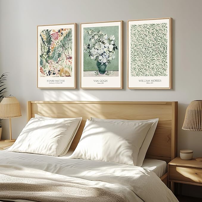 Framed Large Matisse Wall Art for Living Room, 3 Pieces Vintage Sage Green Canvas Painting Artwork for Walls, Botanical Wall Art Prints for Bedroom, Guest Room, Hallway, Home Office Wall Decor, 16x24