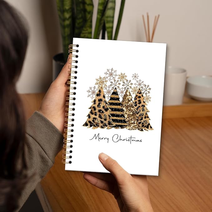 XNXLDYLH Gold Leopard Merry Christmas Tree Notebook Journal, Preppy Trendy Aesthetic Spiral Notebook, Funky Snowflake Journals Notebooks, Christmas Office School Supplies Gifts for Coworker, 5.5x8.3In