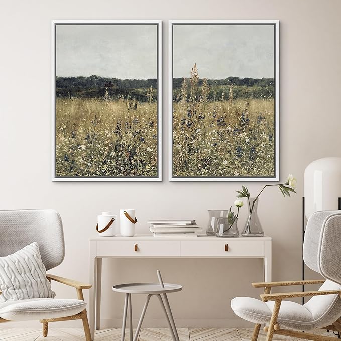 SIGNWIN Framed Canvas Print Wall Art Set Wildflower Meadow Under a Gentle Overcast Sky Illustration Modern Art Minimalism Decorative Nordic for Living Room, Bedroom, Office - 24"x36"x2 White