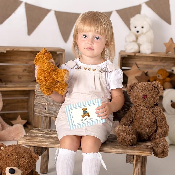 JarThenaAMCS 24 Pack Bear Thank You Cards Blue Stripe Bear Greeting Cards with Envelopes Stickers Cute Blank Note Card for Birthday Baby Shower Party Supplies, 4 x 6 Inch