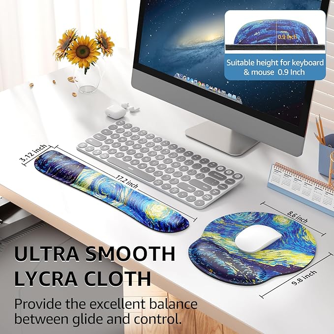 KTRIO Ergonomic Keyboard Wrist Rest, Memory Foam Mouse Pad with Wrist Rest for Computer Keyboard, Mouse Pad Set for Easy Typing & Pain Relief for Office & Home, Starry Night