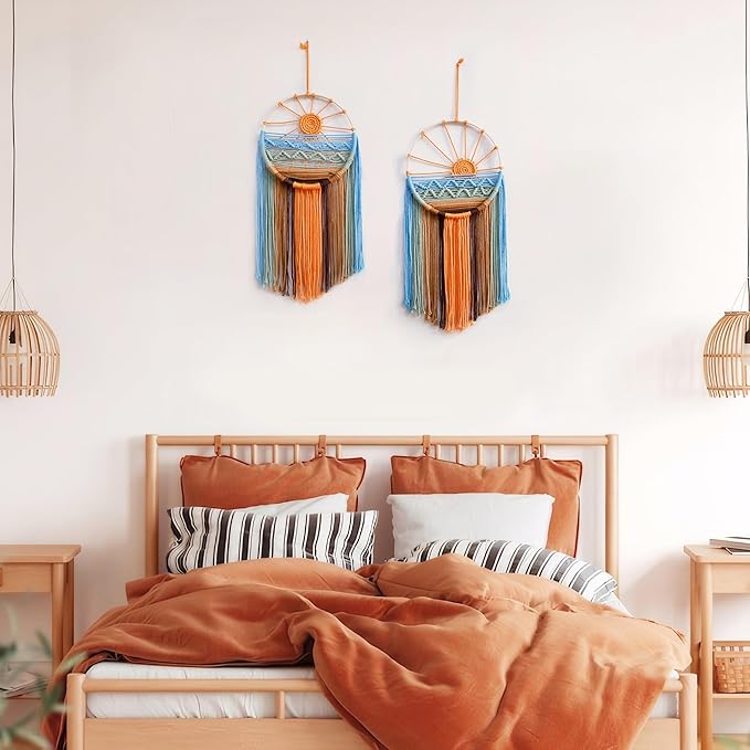 2 Pack Macrame Sun Wall Decor Hanging Tapestry Sunshine Sunset Wall Art Set, Rustic Woven Tapestries Boho Dream Catcher Colorful Decor for Bedroom Living Room Nursery (Orange 2pcs)