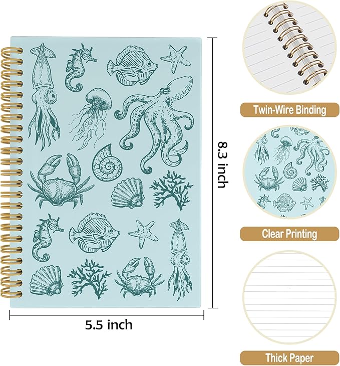 Blue Journal Notebook - Green Ocean Sea Life Coastal Themed Aesthetic Notebooks College Ruled for Office School Classroom, Gifts for Women Girls Kids, Hardcover Spiral Notebook 5.5"x8.3"
