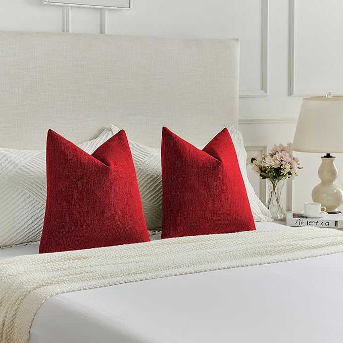 FUTEI Christmas Red Chenille Decorative Throw Pillow Covers 24x24 Inch Set of 2,Soft Cozy Faux Linen Textured European Pillow Shams,Farmhouse Home Decor for Couch Living Room