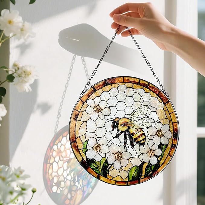 Bee Wildflowers Stained Glass Suncatcher, Stained Glass Window Hanging, 8 Inch Honey Bee Suncatcher, Honeybee Gifts for Garden Lovers, Gifts for Mother's Day, Teacher Gift, Grandma Gift